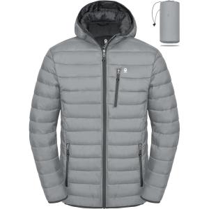 Little Donkey Andy Men’s Packable Puffer Jacket Lightweight Hooded Warm Winter Coat with Recycled Insulation S-3XL(Packable-light Grey)