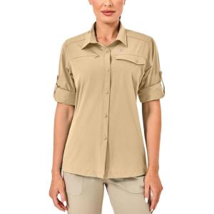 Little Donkey Andy Women’s Long Sleeve Travel Shirt, UPF 50+ Safari Shirt, Outdoor Cool Quick Dry Hiking Shirts(L. Khaki)