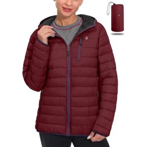 Little Donkey Andy Women’s Packable Lightweight Puffer Jacket Hooded Windproof Winter Coat with Recycled Insulation(Packable Dark Red)