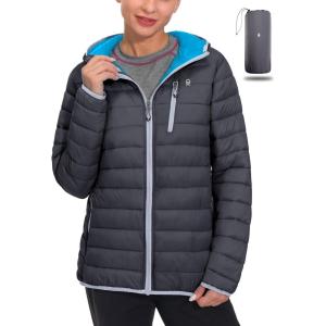 Little Donkey Andy Women’s Packable Lightweight Puffer Jacket Hooded Windproof Winter Coat with Recycled Insulation(Packable Grey)