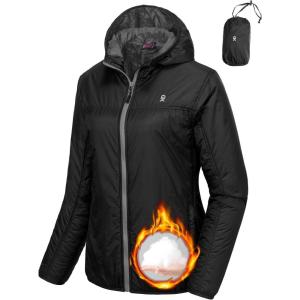 Little Donkey Andy Women’s Packable Lightweight Running Jacket Water Resistant Hooded Windbreaker for Hiking Cycling Camping(B Insulation Black)