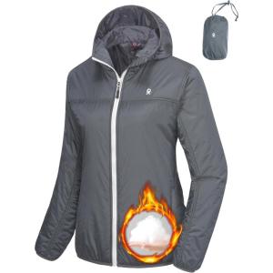 Little Donkey Andy Women’s Packable Lightweight Running Jacket Water Resistant Hooded Windbreaker for Hiking Cycling Camping(B Insulation Gray)