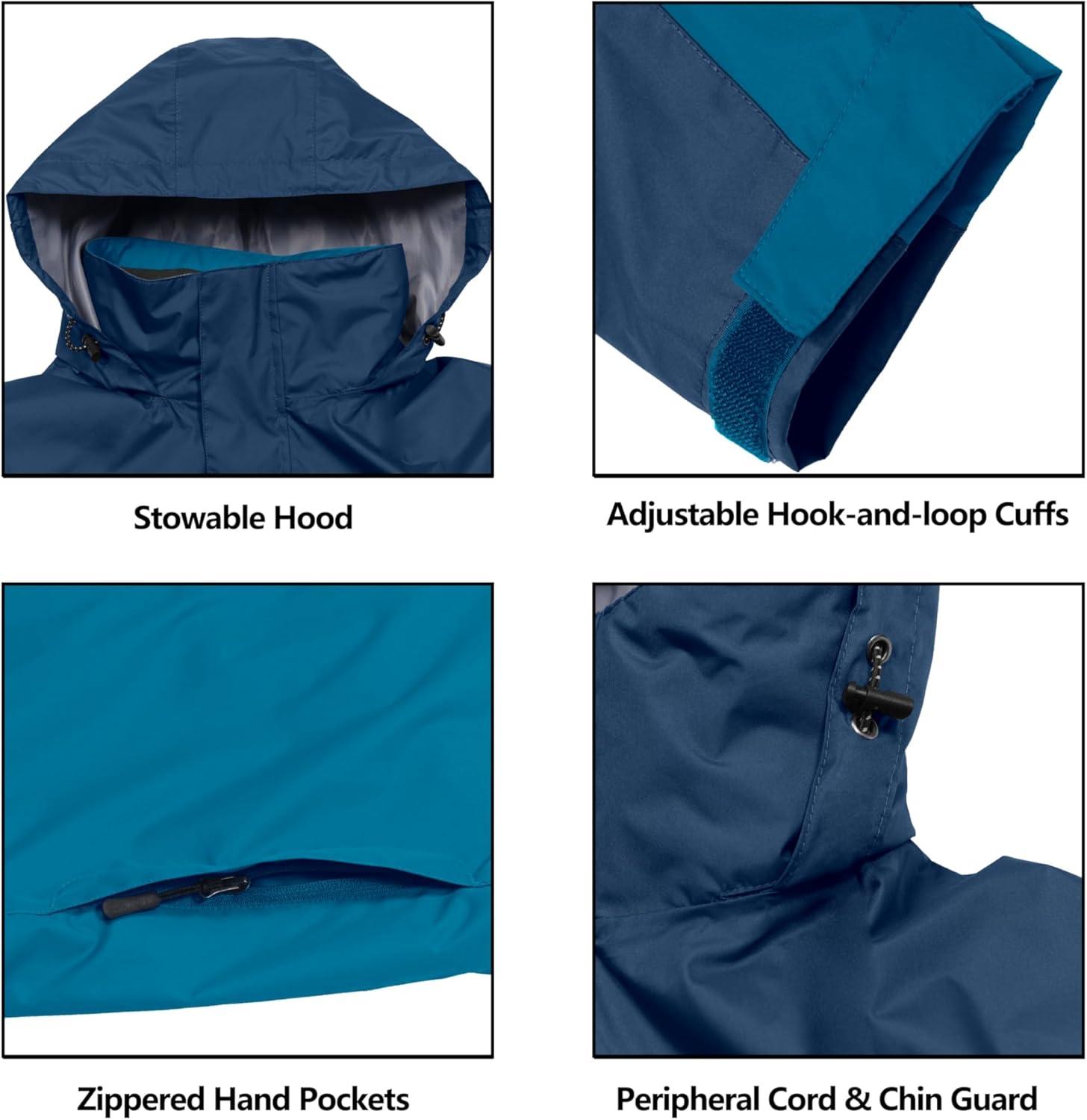 imageLittle Donkey Andy Mens Long Waterproof Rain Jacket with Hood Lightweight Rain Shell for HikingB7deep BlueAqua
