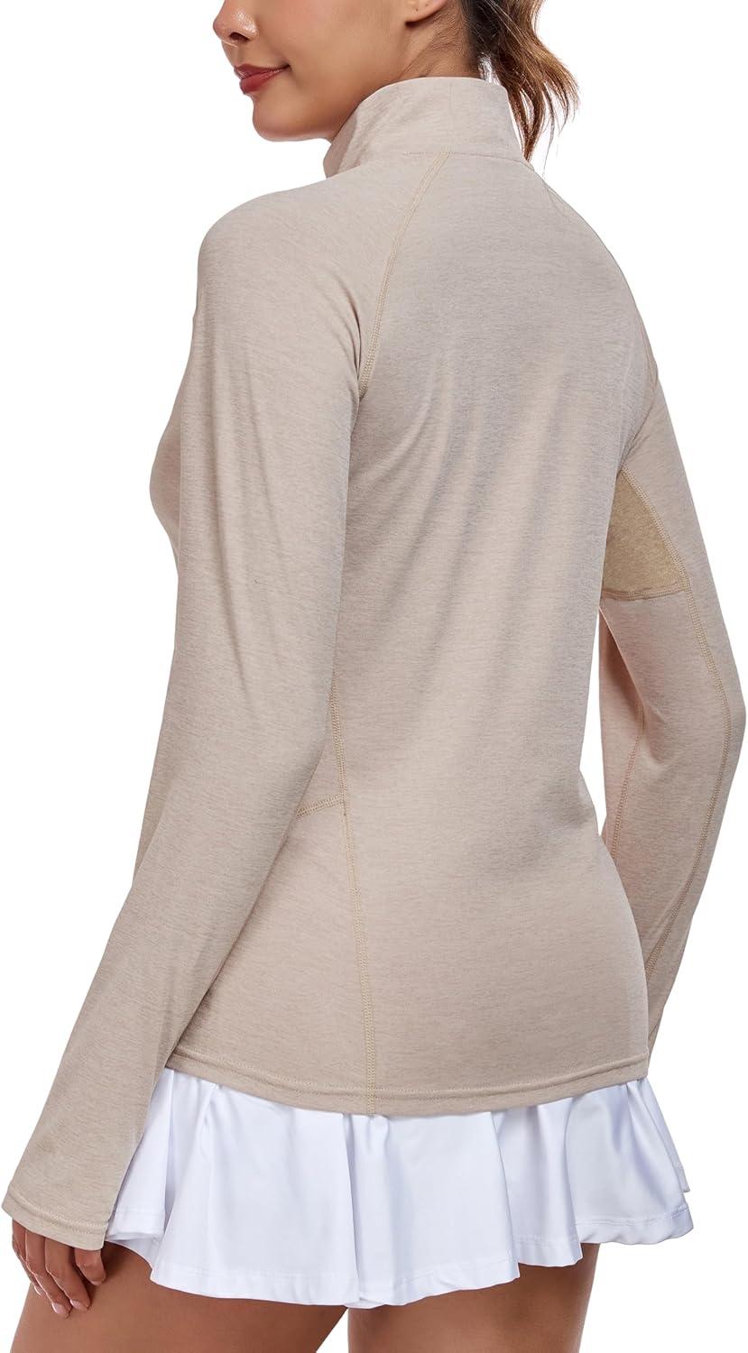 imageLittle Donkey Andy Womens Golf Shirts Long Sleeve 14 Zip Athletic Lightweight Quick Dry Workout Hiking Athletic ShirtsThumb Hole Khaki Heather