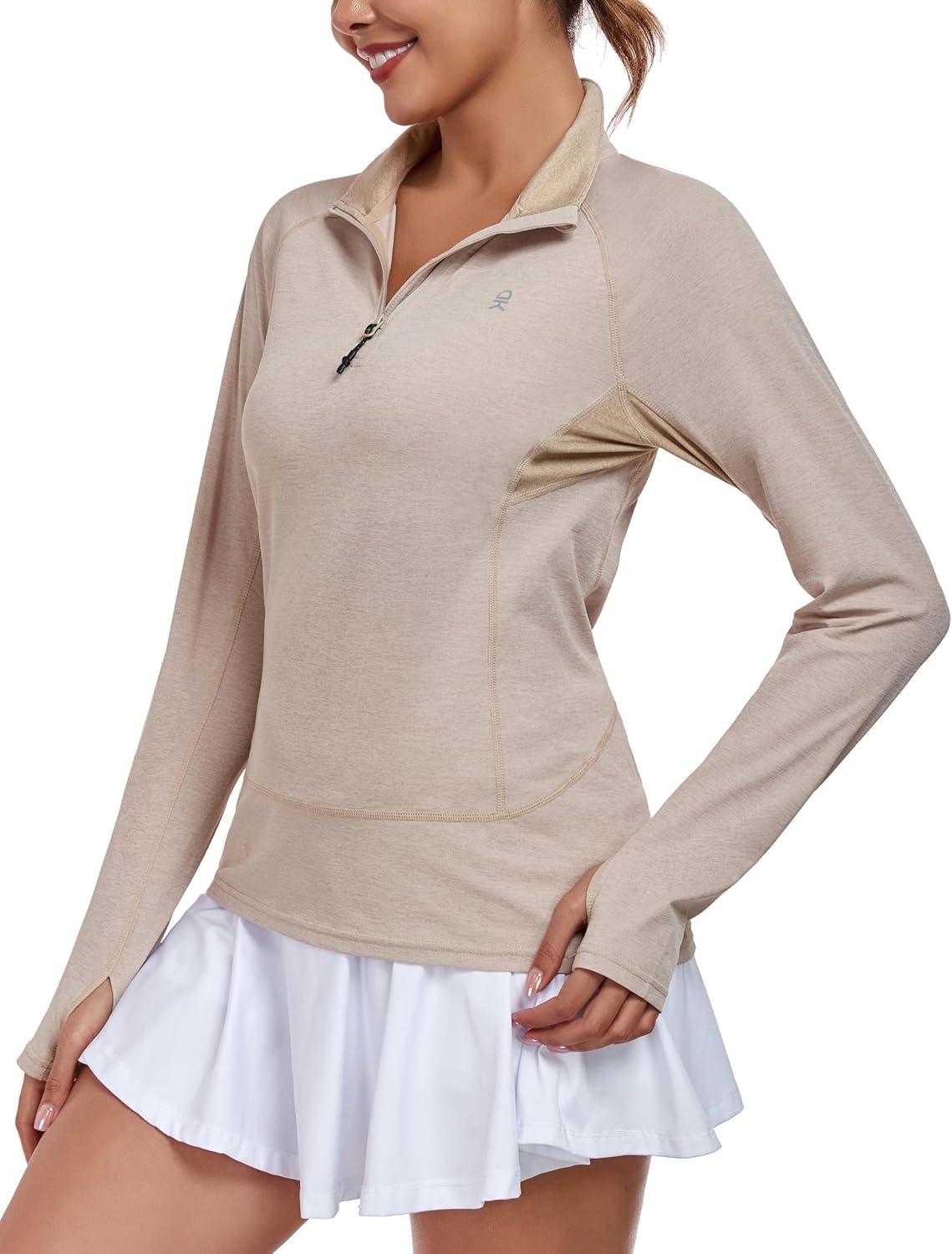 imageLittle Donkey Andy Womens Golf Shirts Long Sleeve 14 Zip Athletic Lightweight Quick Dry Workout Hiking Athletic ShirtsThumb Hole Khaki Heather