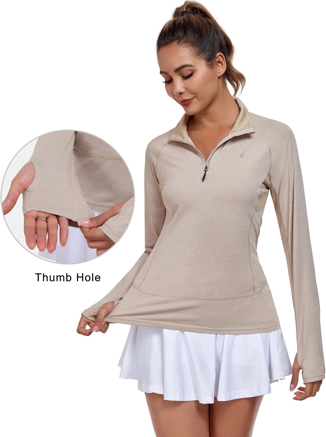 imageLittle Donkey Andy Womens Golf Shirts Long Sleeve 14 Zip Athletic Lightweight Quick Dry Workout Hiking Athletic ShirtsThumb Hole Khaki Heather