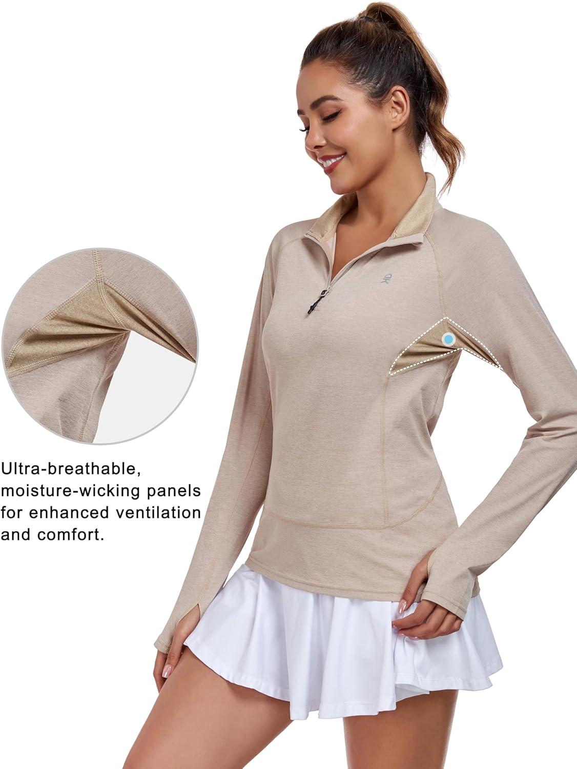 imageLittle Donkey Andy Womens Golf Shirts Long Sleeve 14 Zip Athletic Lightweight Quick Dry Workout Hiking Athletic ShirtsThumb Hole Khaki Heather