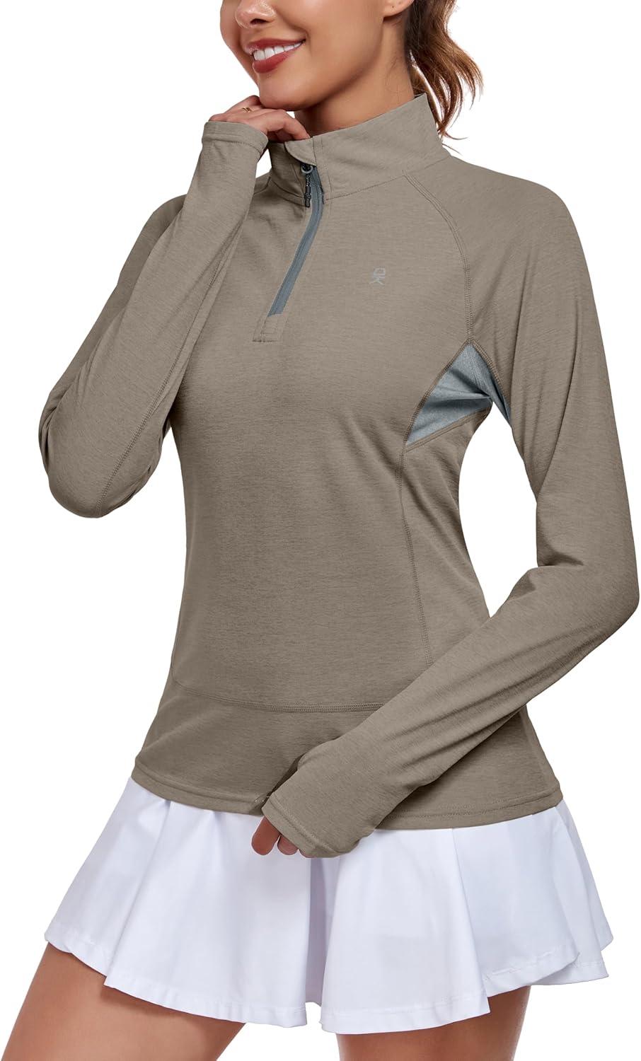 imageLittle Donkey Andy Womens Golf Shirts Long Sleeve 14 Zip Athletic Lightweight Quick Dry Workout Hiking Athletic ShirtsThumb Hole Vintage Khaki Heather