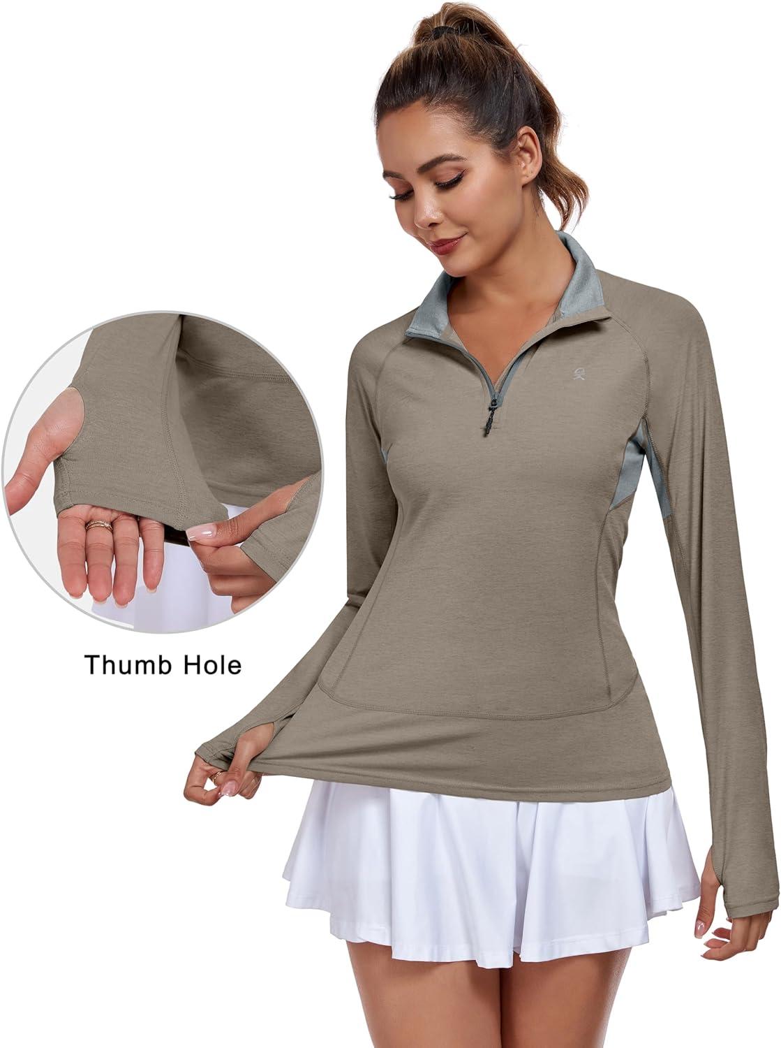 imageLittle Donkey Andy Womens Golf Shirts Long Sleeve 14 Zip Athletic Lightweight Quick Dry Workout Hiking Athletic ShirtsThumb Hole Vintage Khaki Heather