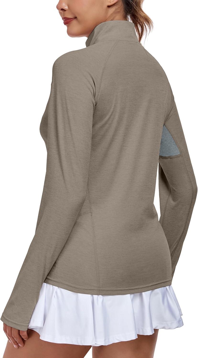 imageLittle Donkey Andy Womens Golf Shirts Long Sleeve 14 Zip Athletic Lightweight Quick Dry Workout Hiking Athletic ShirtsThumb Hole Vintage Khaki Heather