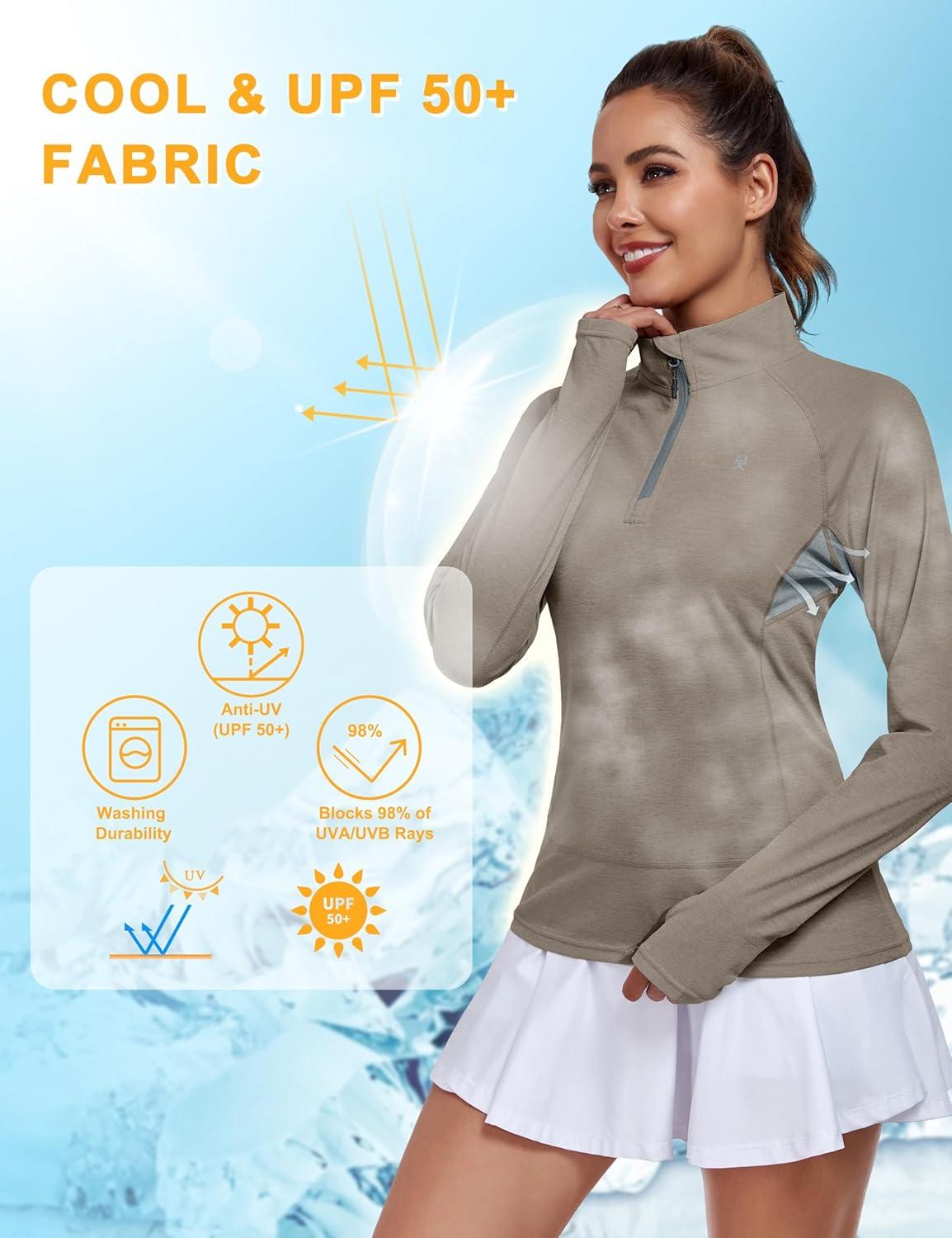 imageLittle Donkey Andy Womens Golf Shirts Long Sleeve 14 Zip Athletic Lightweight Quick Dry Workout Hiking Athletic ShirtsThumb Hole Vintage Khaki Heather