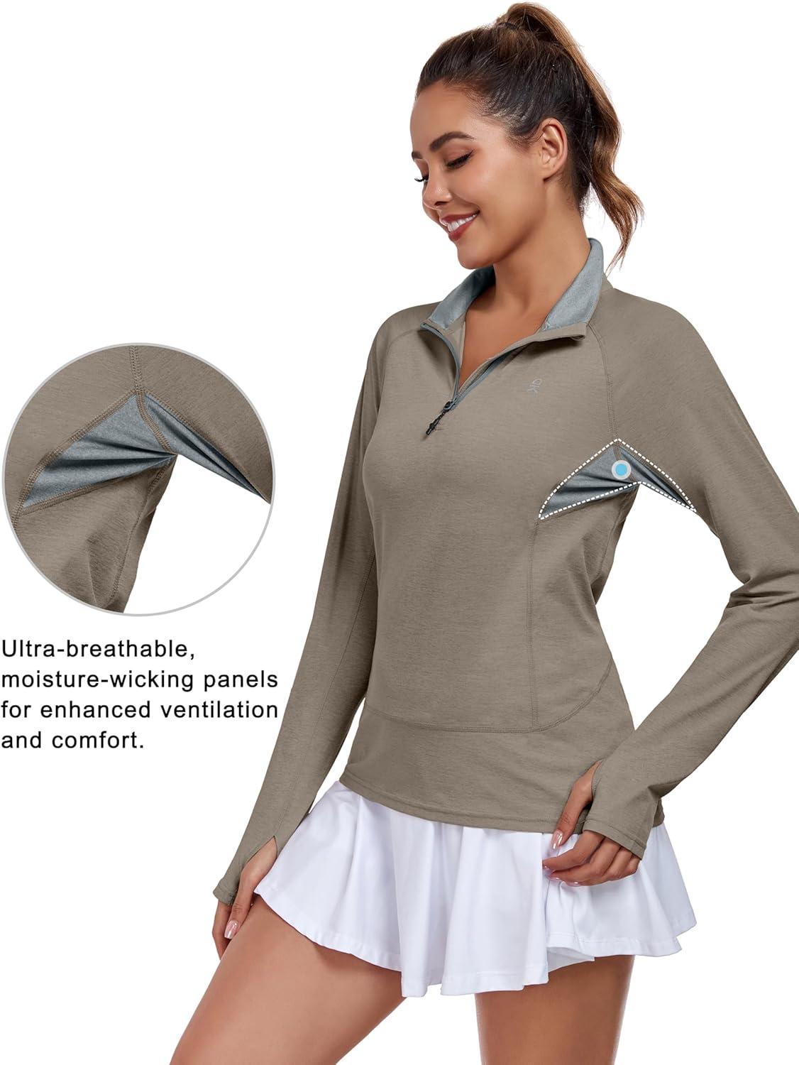 imageLittle Donkey Andy Womens Golf Shirts Long Sleeve 14 Zip Athletic Lightweight Quick Dry Workout Hiking Athletic ShirtsThumb Hole Vintage Khaki Heather