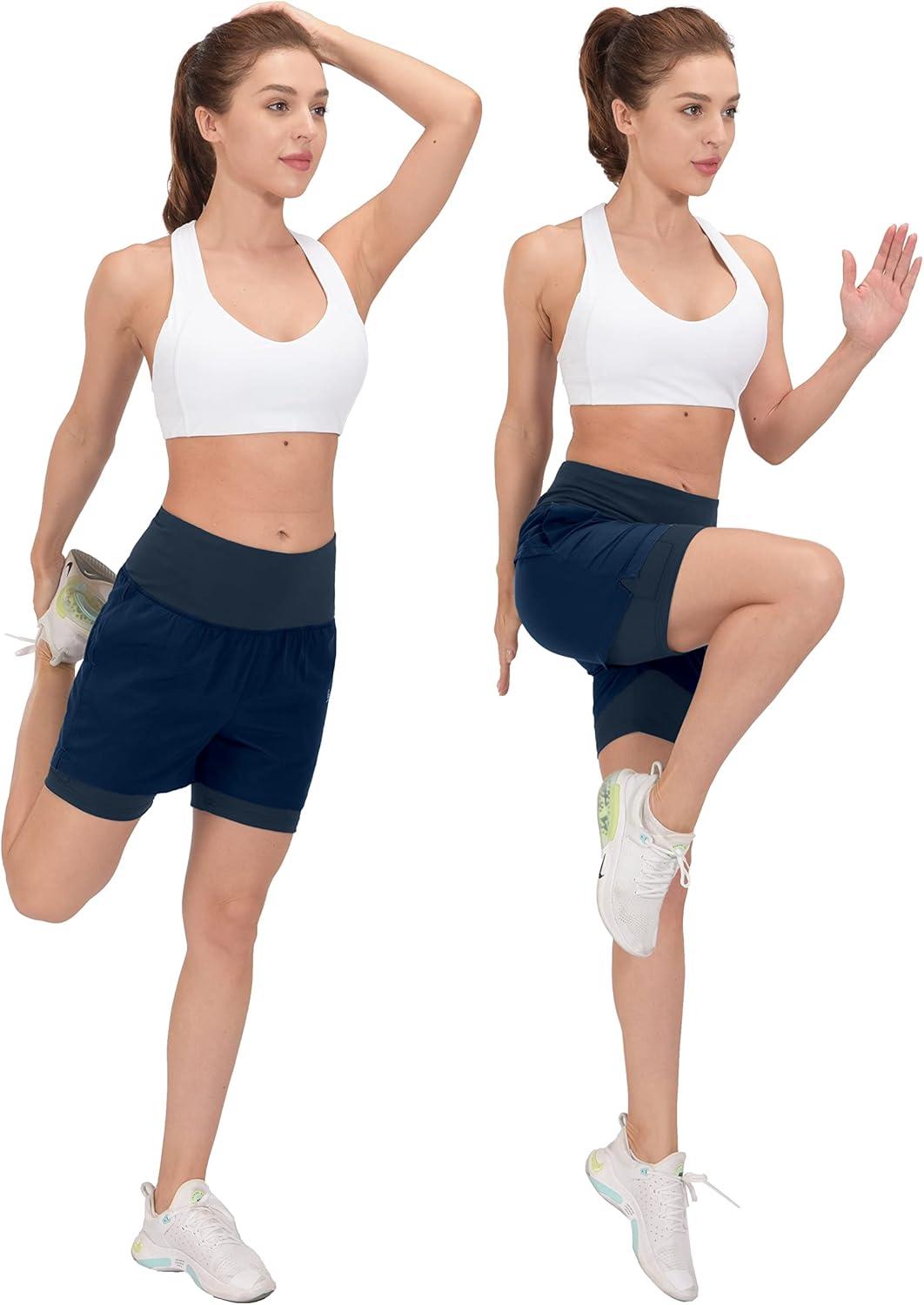 imageLittle Donkey Andy Womens QuickDry Running Shorts High Waist Stretch Workout Hiking Bicycle Athletic Shorts with LinerB2builtin Boxer Blue