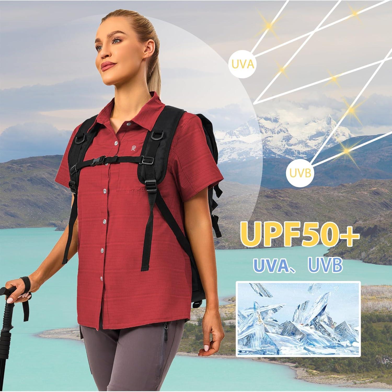 imageLittle Donkey Andy Womens Shirt UPF 50 UV Breathable Short Sleeve Shirt Fishing Hiking Button Down ShirtsRed