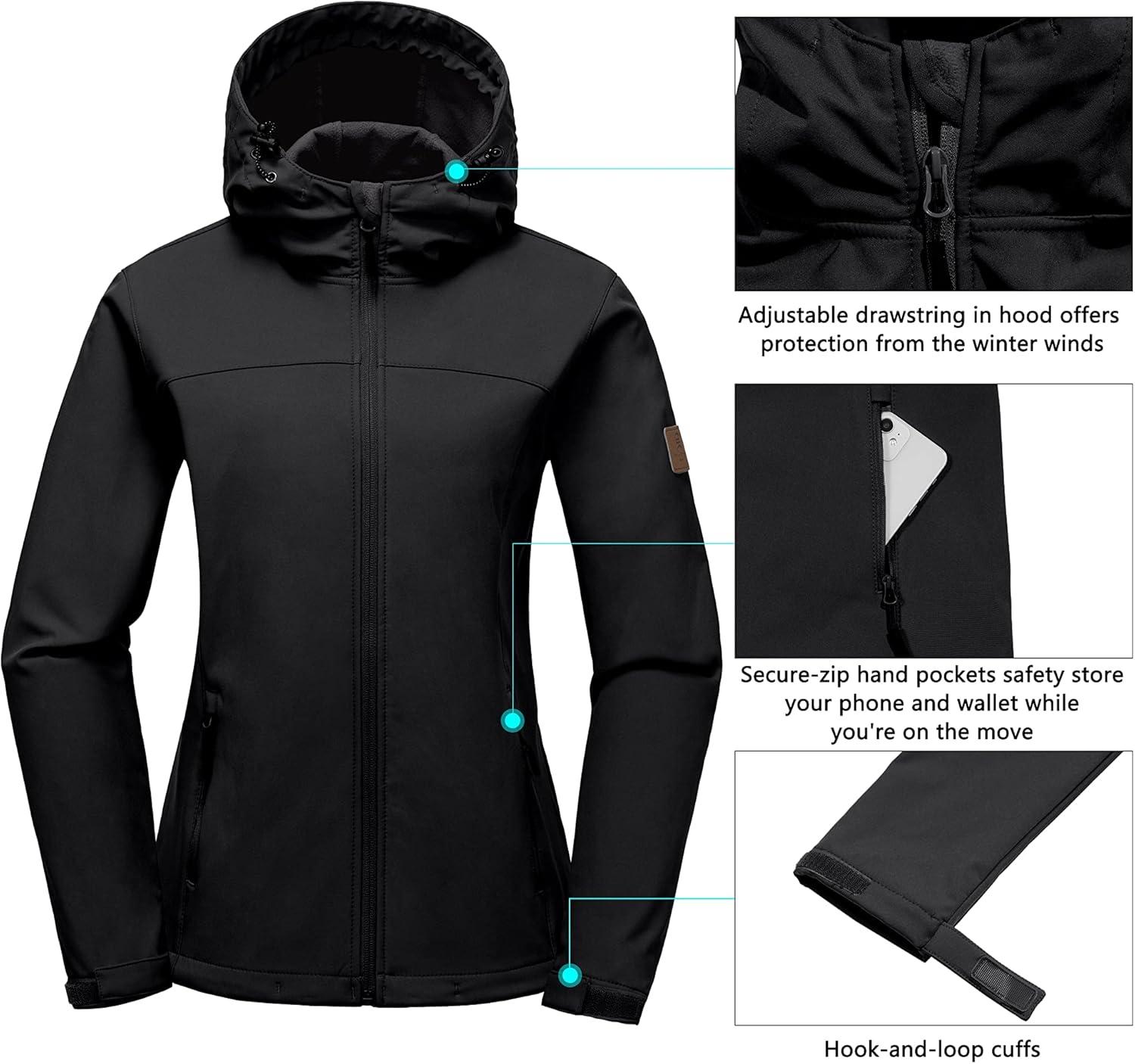 imageLittle Donkey Andy Womens Softshell Jacket Hooded Windproof Fleece Lined Jackets LightweightAblack