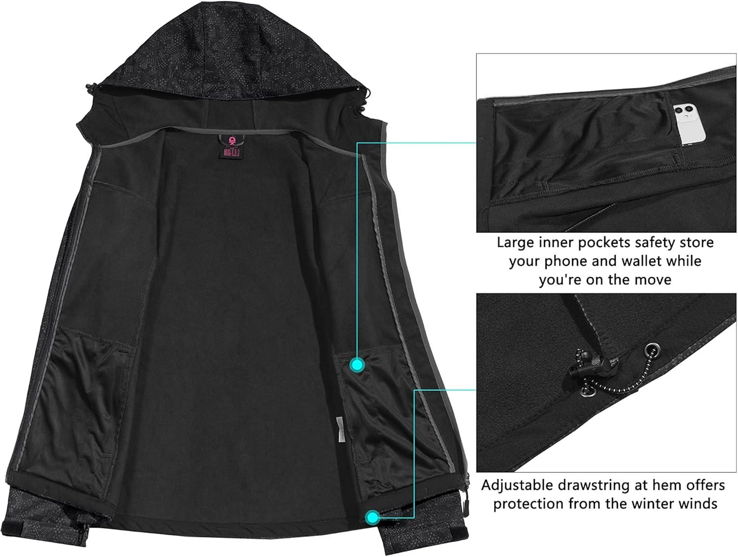 imageLittle Donkey Andy Womens Softshell Jacket Hooded Windproof Fleece Lined Jackets LightweightAblack