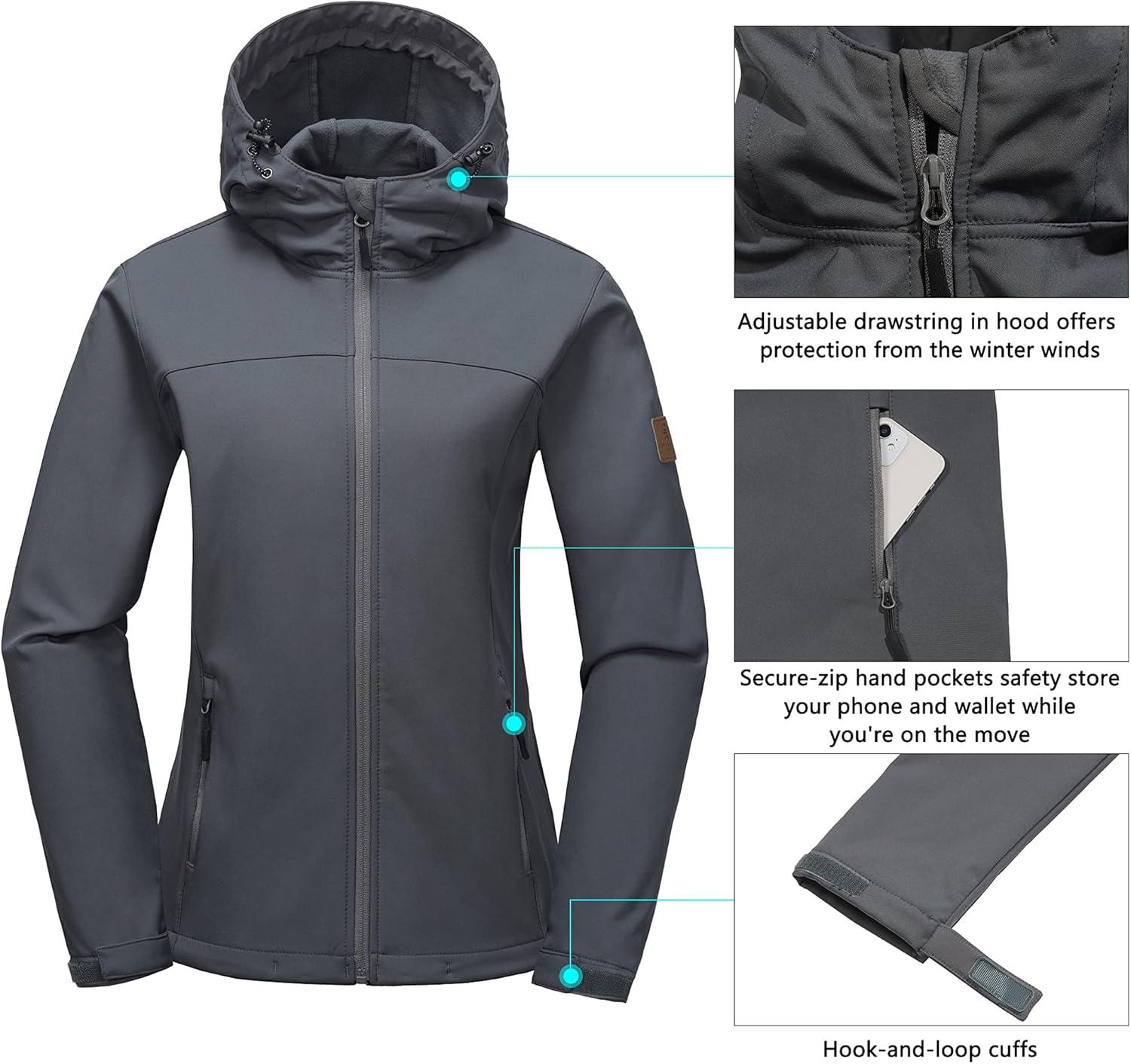 imageLittle Donkey Andy Womens Softshell Jacket Hooded Windproof Fleece Lined Jackets LightweightBgray