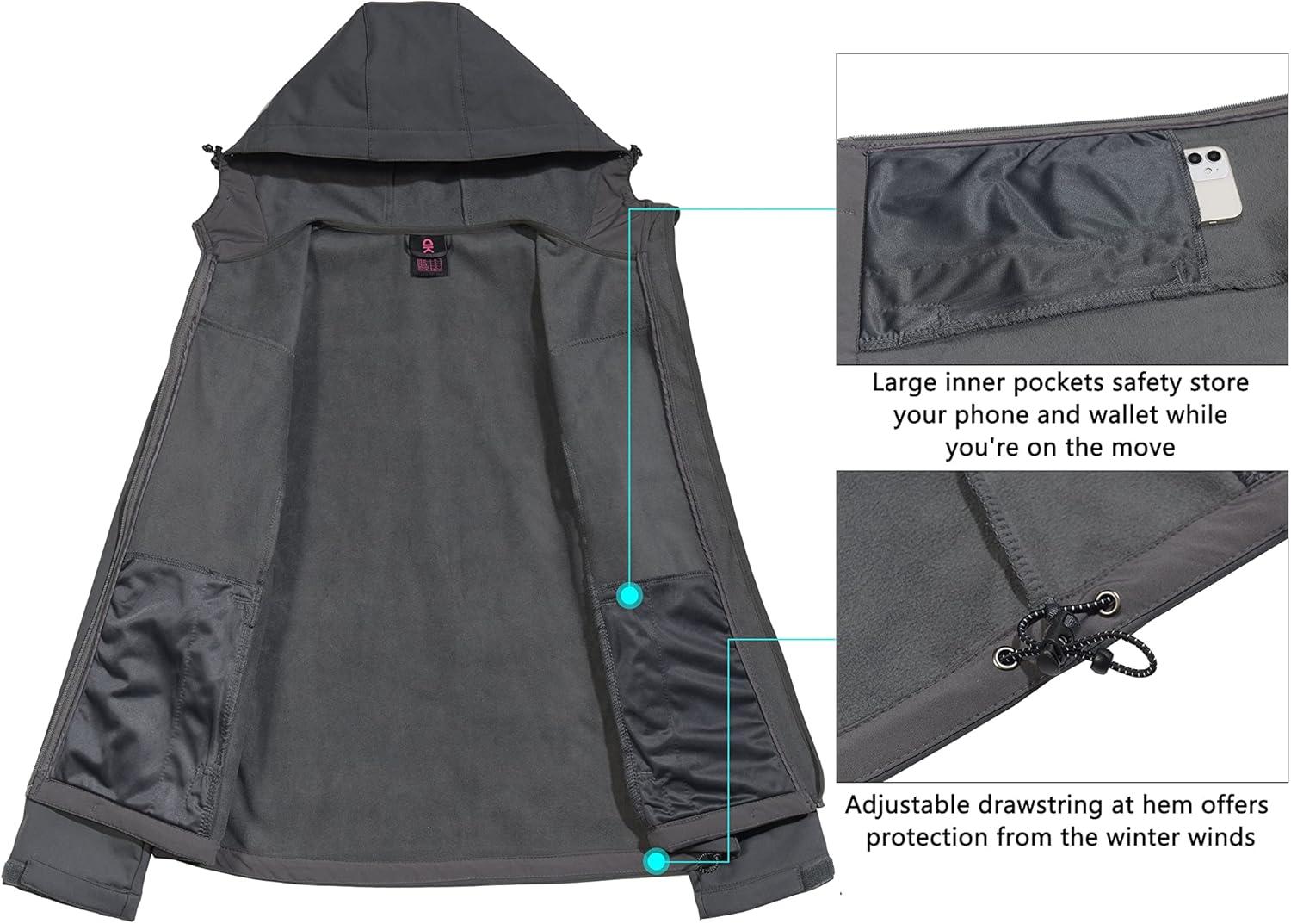 imageLittle Donkey Andy Womens Softshell Jacket Hooded Windproof Fleece Lined Jackets LightweightBgray