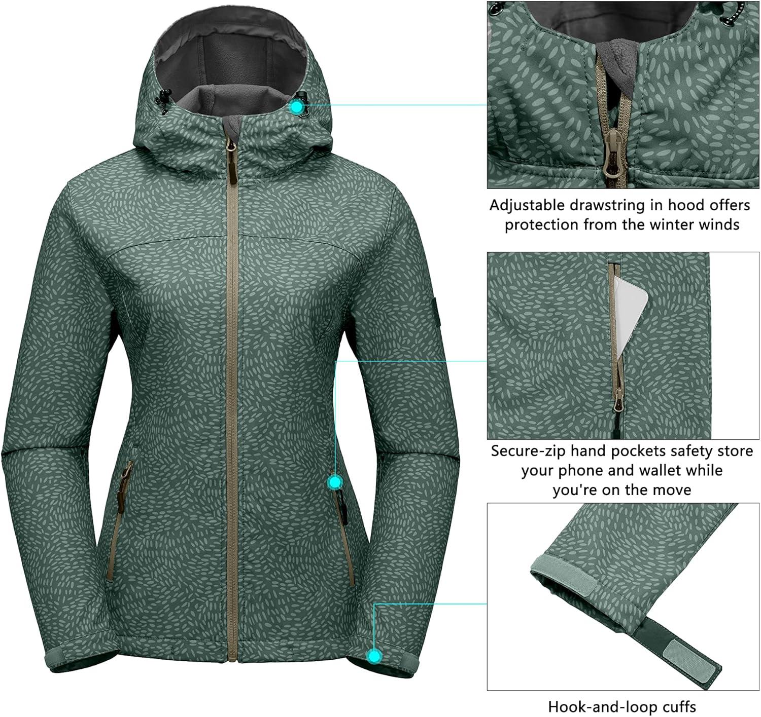 imageLittle Donkey Andy Womens Softshell Jacket Hooded Windproof Fleece Lined Jackets LightweightCgray Floral