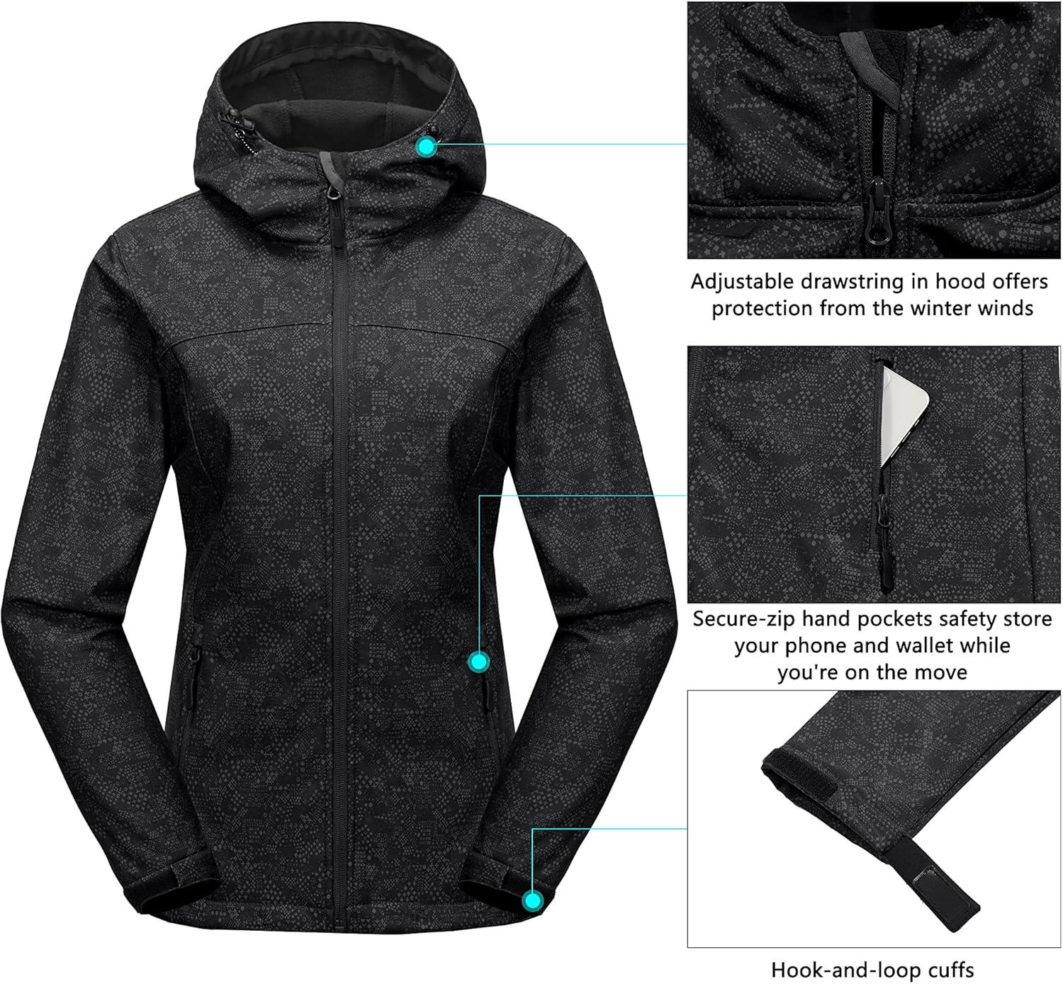 imageLittle Donkey Andy Womens Softshell Jacket Hooded Windproof Fleece Lined Jackets LightweightDblack Floral