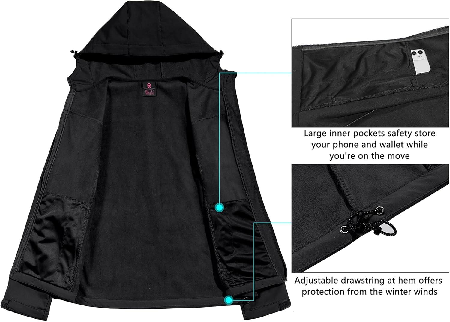 imageLittle Donkey Andy Womens Softshell Jacket Hooded Windproof Fleece Lined Jackets LightweightDblack Floral