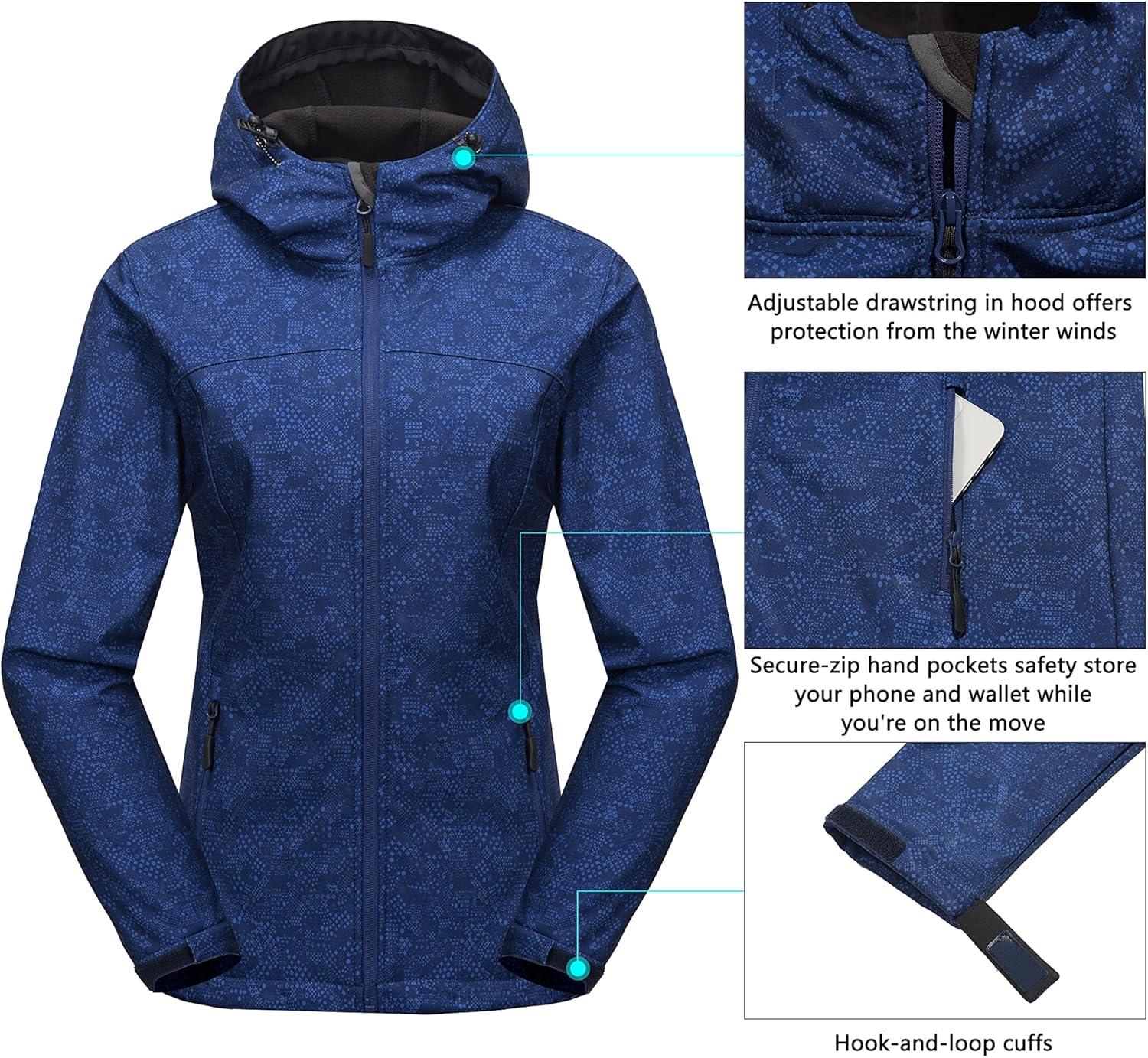 imageLittle Donkey Andy Womens Softshell Jacket Hooded Windproof Fleece Lined Jackets LightweightEblue Floral