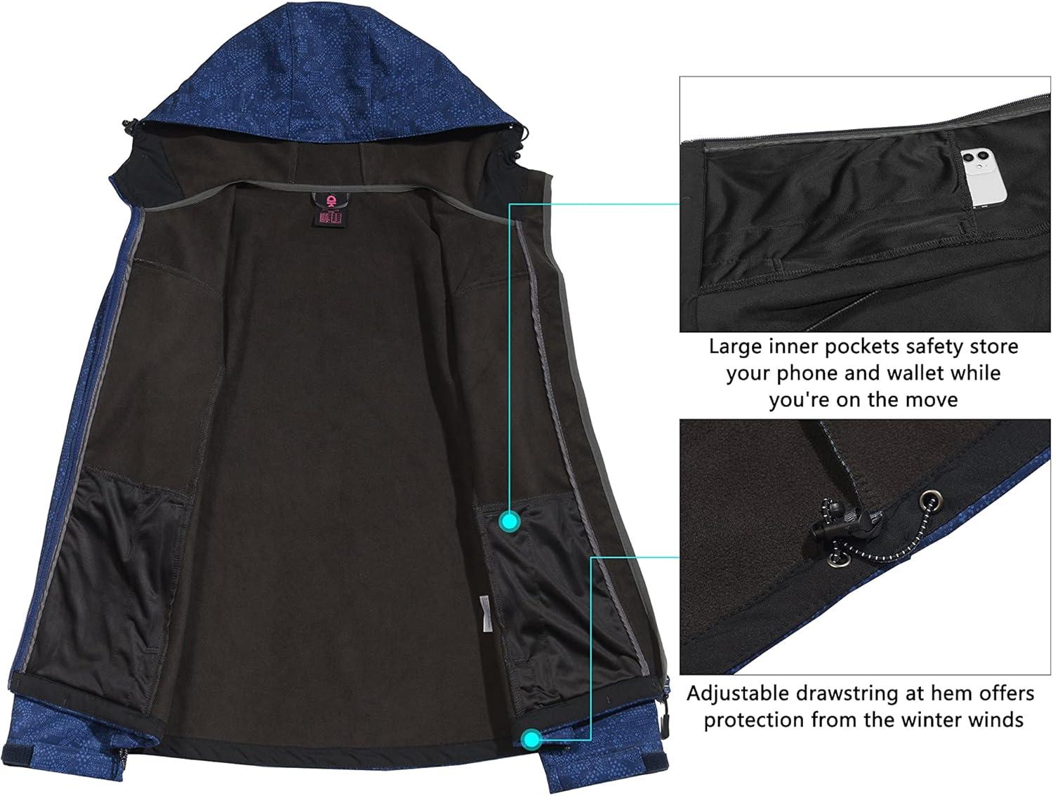 imageLittle Donkey Andy Womens Softshell Jacket Hooded Windproof Fleece Lined Jackets LightweightEblue Floral