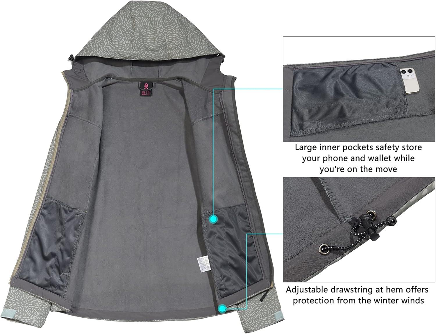 imageLittle Donkey Andy Womens Softshell Jacket Hooded Windproof Fleece Lined Jackets LightweightGkhaki Floral
