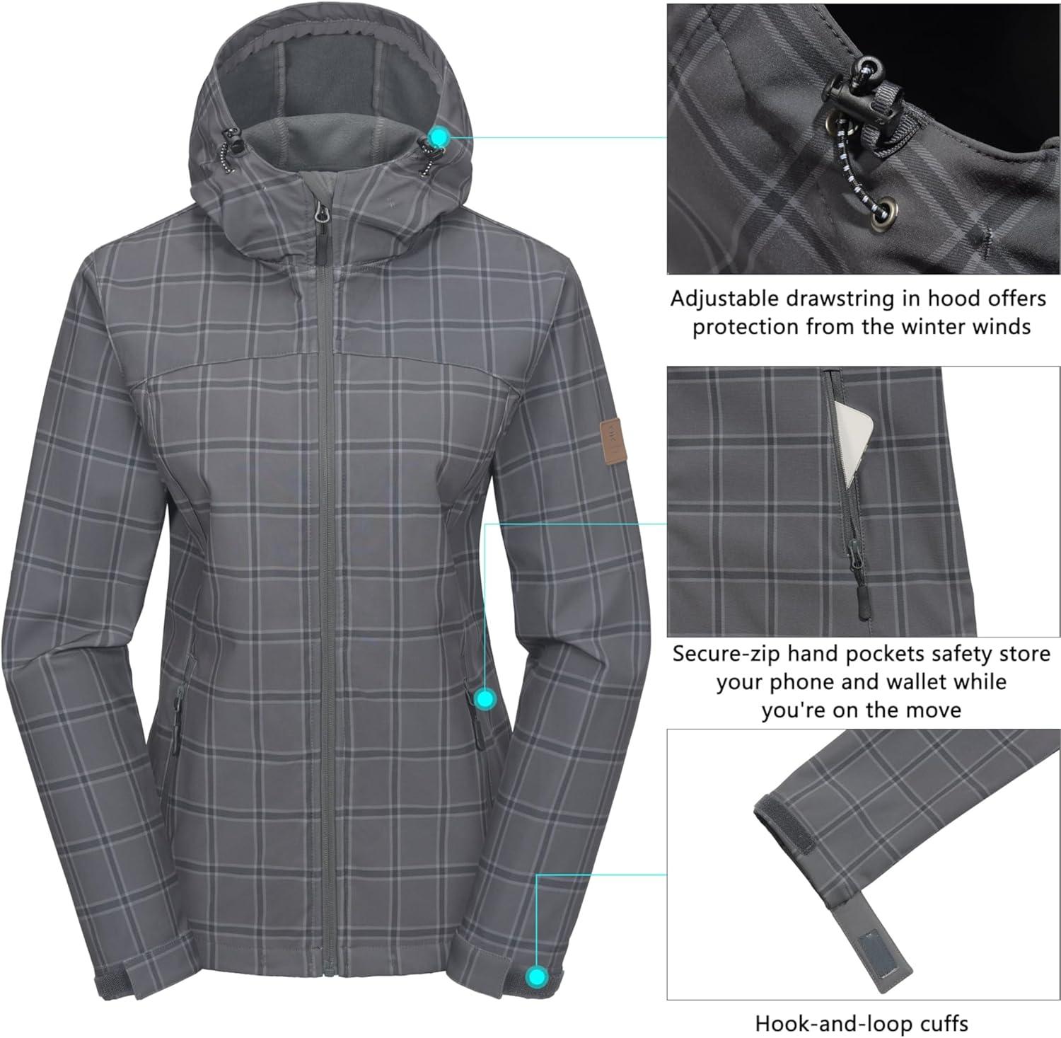 imageLittle Donkey Andy Womens Softshell Jacket Hooded Windproof Fleece Lined Jackets LightweightIgray Plaid