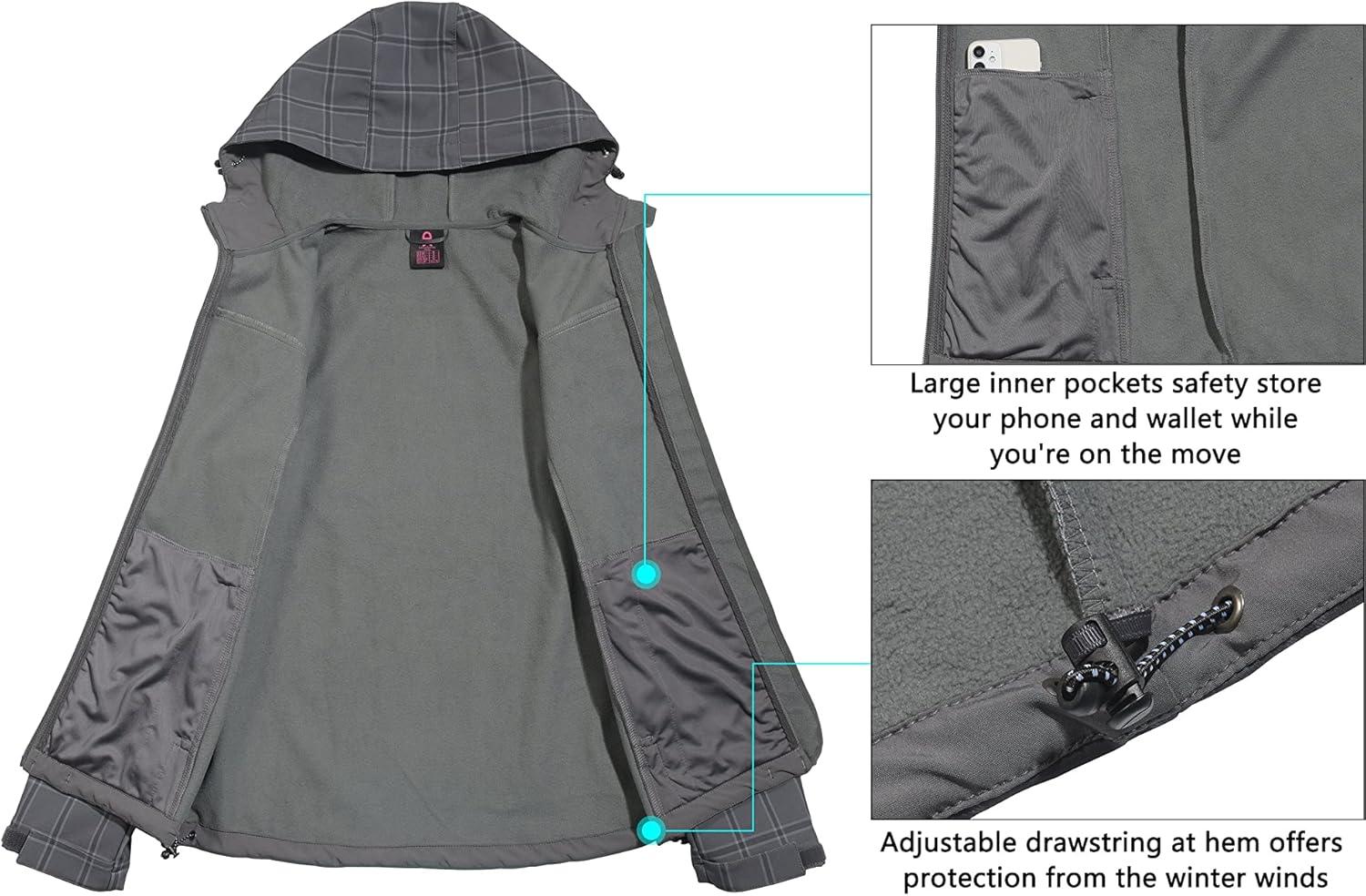 imageLittle Donkey Andy Womens Softshell Jacket Hooded Windproof Fleece Lined Jackets LightweightIgray Plaid