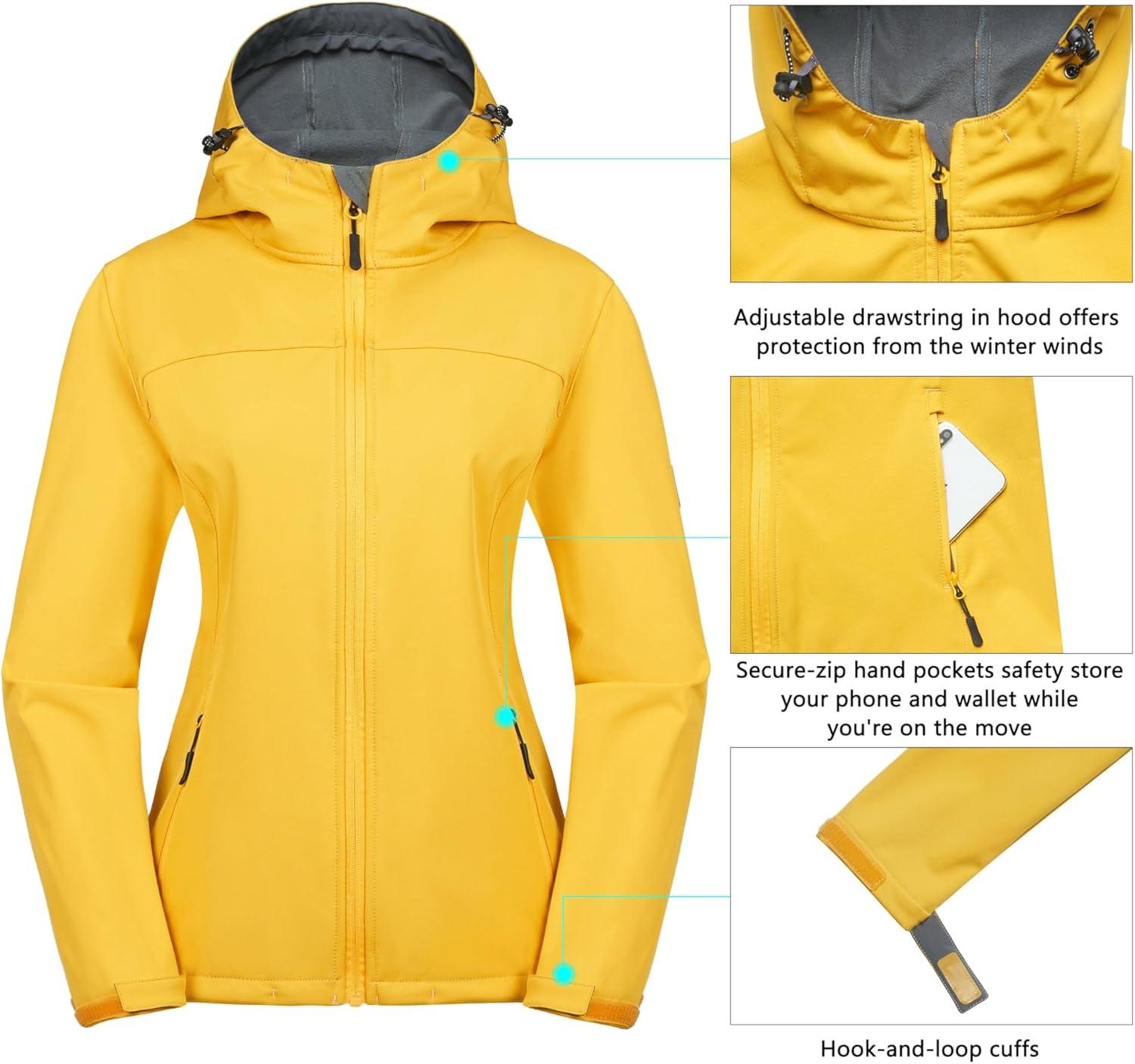 imageLittle Donkey Andy Womens Softshell Jacket Hooded Windproof Fleece Lined Jackets LightweightMyellow