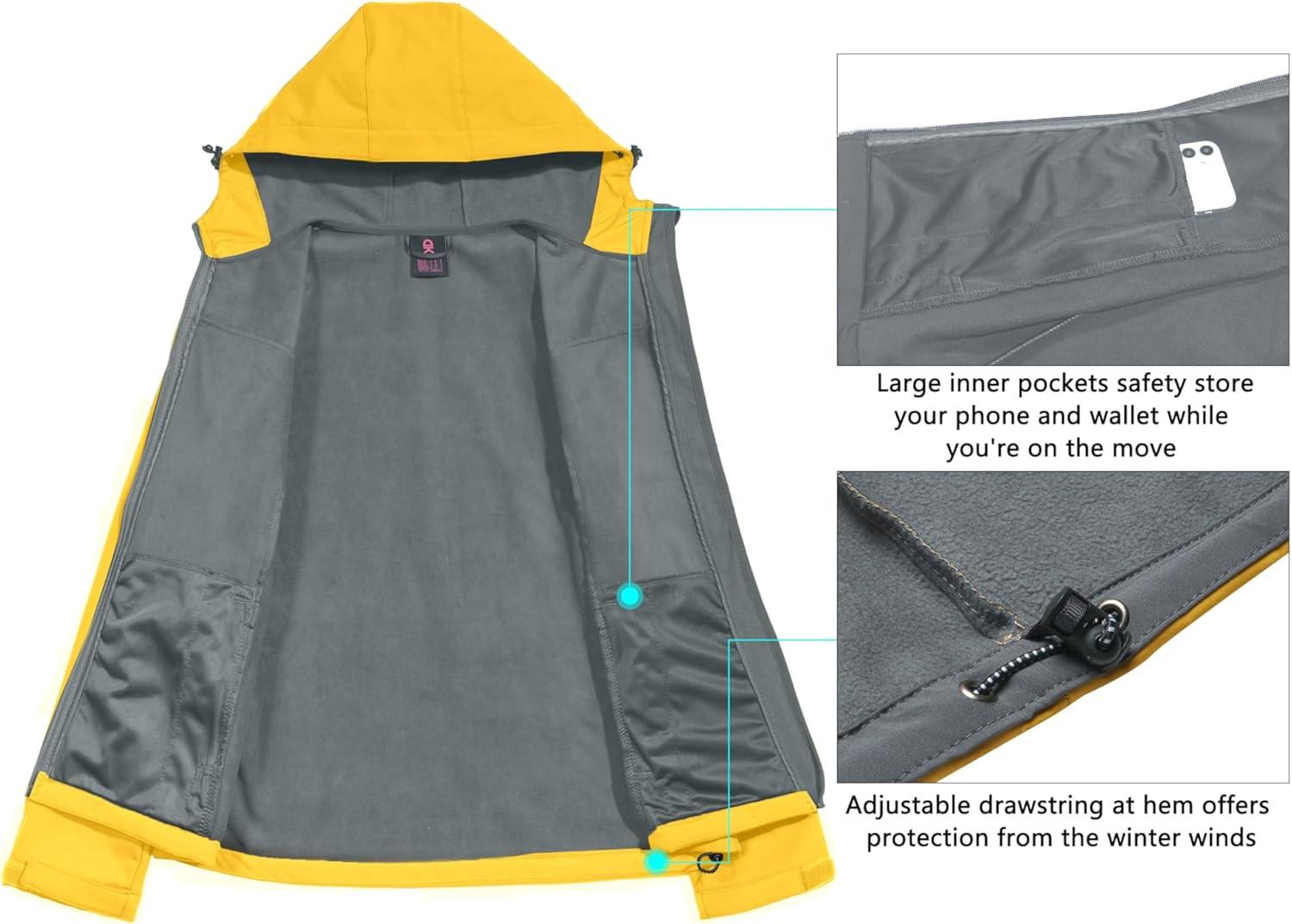 imageLittle Donkey Andy Womens Softshell Jacket Hooded Windproof Fleece Lined Jackets LightweightMyellow