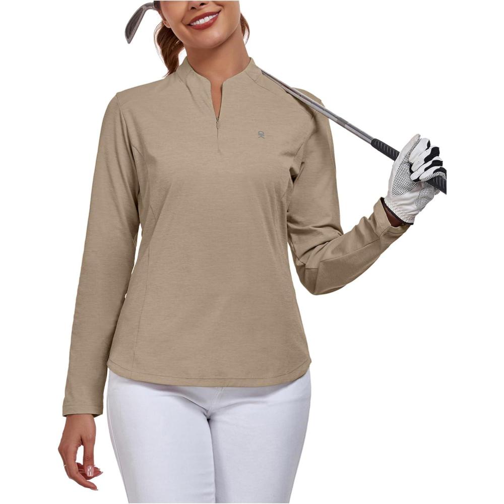 imageLittle Donkey Andy Womens Golf Shirts Long Sleeve 14 Zip Athletic Lightweight Quick Dry Workout Hiking Athletic ShirtsMicrocollar Dark Khaki