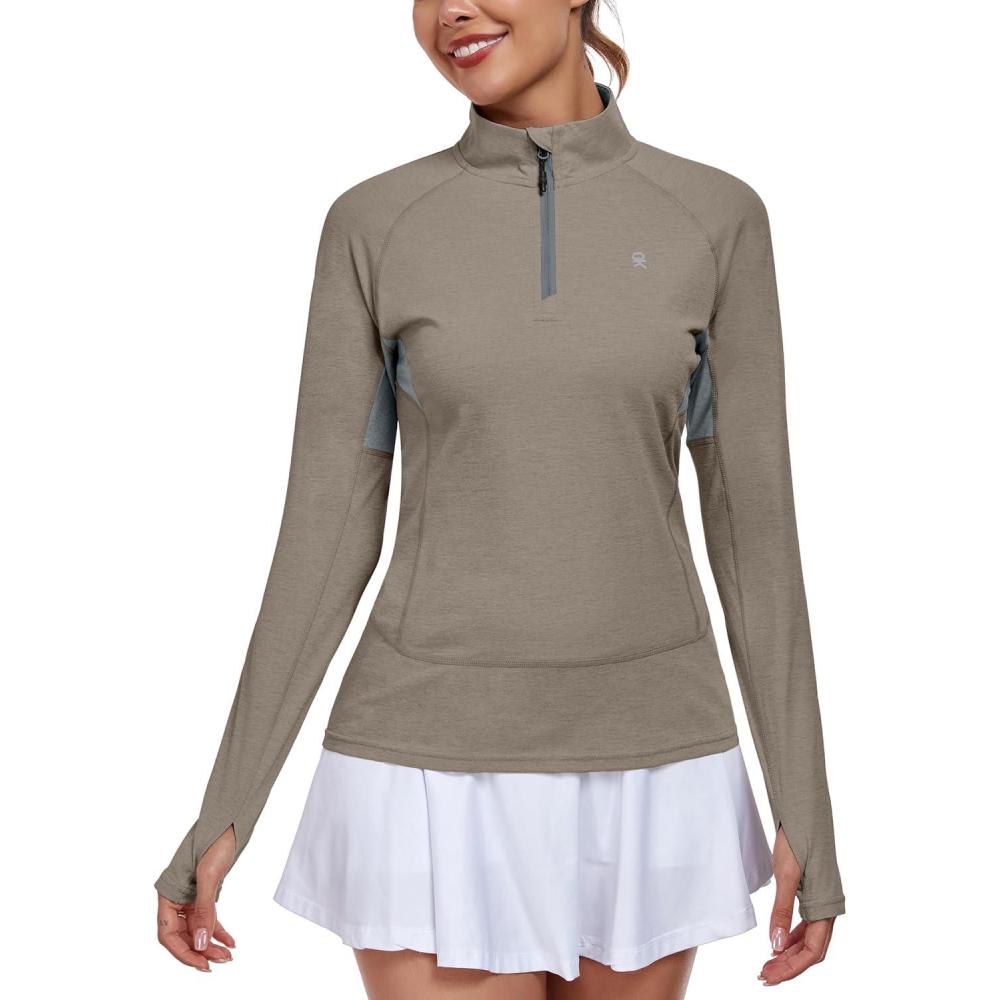 imageLittle Donkey Andy Womens Golf Shirts Long Sleeve 14 Zip Athletic Lightweight Quick Dry Workout Hiking Athletic ShirtsThumb Hole Vintage Khaki Heather