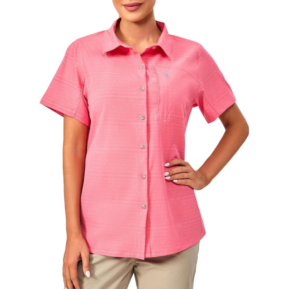imageLittle Donkey Andy Womens Shirt UPF 50 UV Breathable Short Sleeve Shirt Fishing Hiking Button Down ShirtsPink