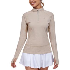 Little Donkey Andy Women’s Golf Shirts Long Sleeve 1/4 Zip Athletic Lightweight Quick Dry Workout Hiking Athletic Shirts(Thumb Hole Khaki Heather)