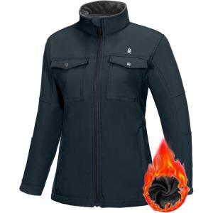 Little Donkey Andy Women’s Lightweight Stand Collar Jacket Water Resistant Windbreaker Fleece Lined Warm Coat(Black Blue)