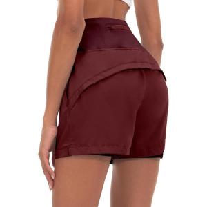 Little Donkey Andy Women’s Quick-Dry Running Shorts, High Waist Stretch Workout Hiking Bicycle Athletic Shorts with Liner(B5.built-in Boxer- Dark Red)