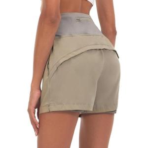 Little Donkey Andy Women’s Quick-Dry Running Shorts, High Waist Stretch Workout Hiking Bicycle Athletic Shorts with Liner(B7.built-in Boxer- Khaki-1)