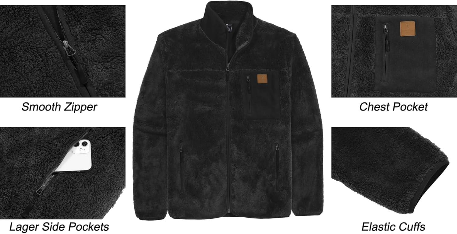 imageLittle Donkey Andy Mens Fuzzy Fleece Jacket Sherpa Jackets Full Zip Up Thermal Coat with 3 Zipper Pockets for Fall WinterBlack