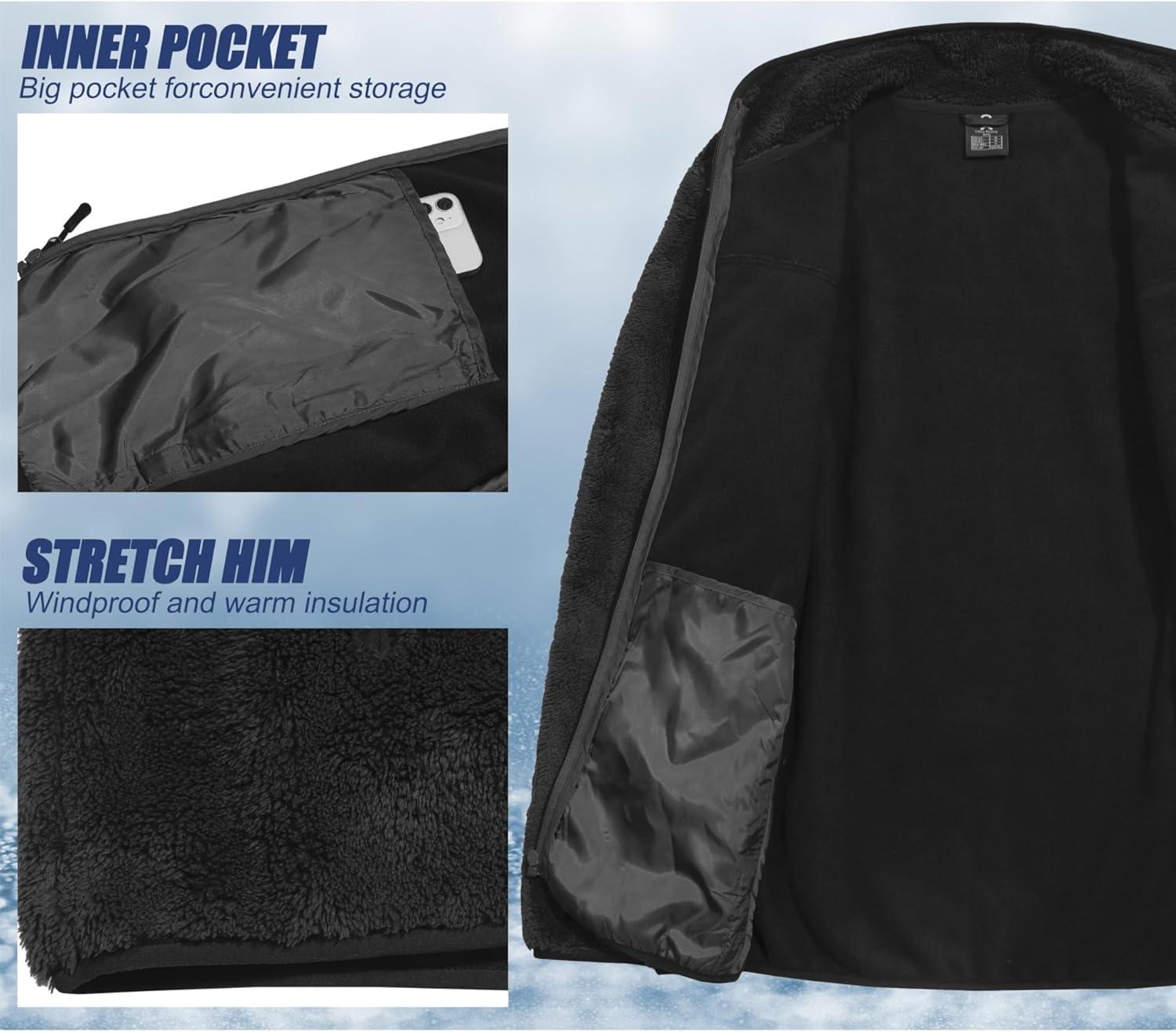 imageLittle Donkey Andy Mens Fuzzy Fleece Jacket Sherpa Jackets Full Zip Up Thermal Coat with 3 Zipper Pockets for Fall WinterBlack