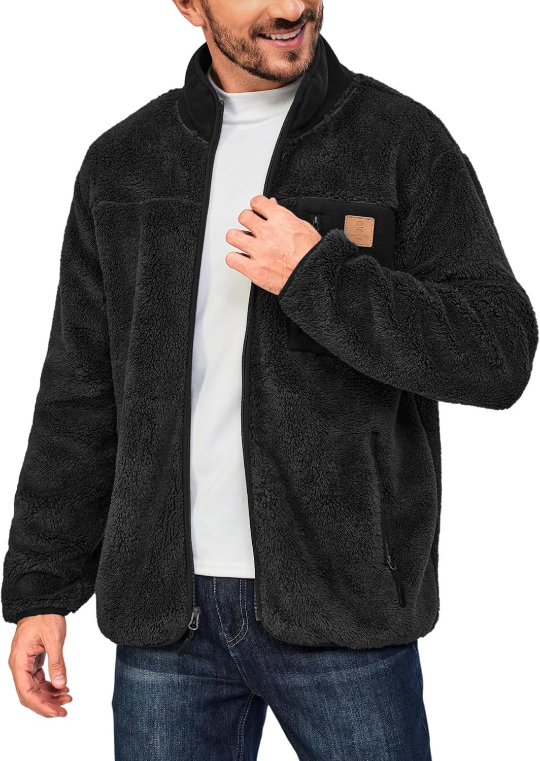 imageLittle Donkey Andy Mens Fuzzy Fleece Jacket Sherpa Jackets Full Zip Up Thermal Coat with 3 Zipper Pockets for Fall WinterBlack