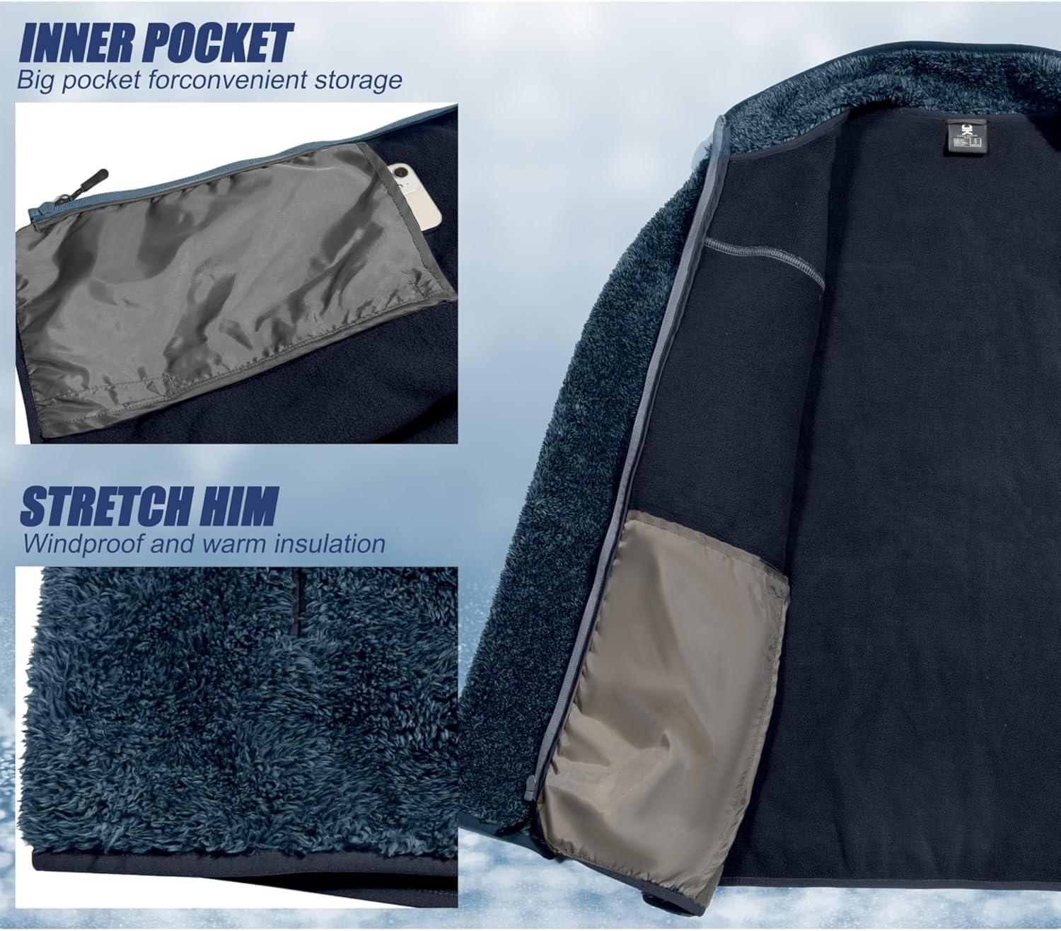 imageLittle Donkey Andy Mens Fuzzy Fleece Jacket Sherpa Jackets Full Zip Up Thermal Coat with 3 Zipper Pockets for Fall WinterDark Blue