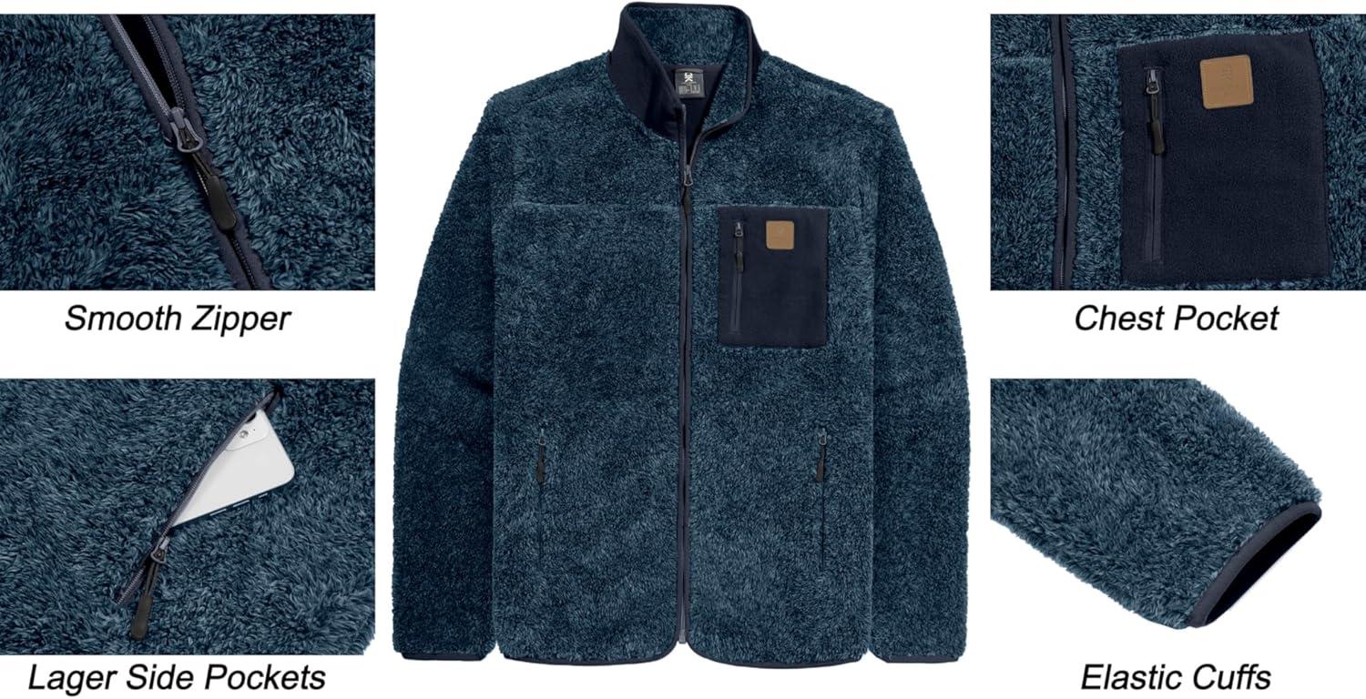 imageLittle Donkey Andy Mens Fuzzy Fleece Jacket Sherpa Jackets Full Zip Up Thermal Coat with 3 Zipper Pockets for Fall WinterDark Blue