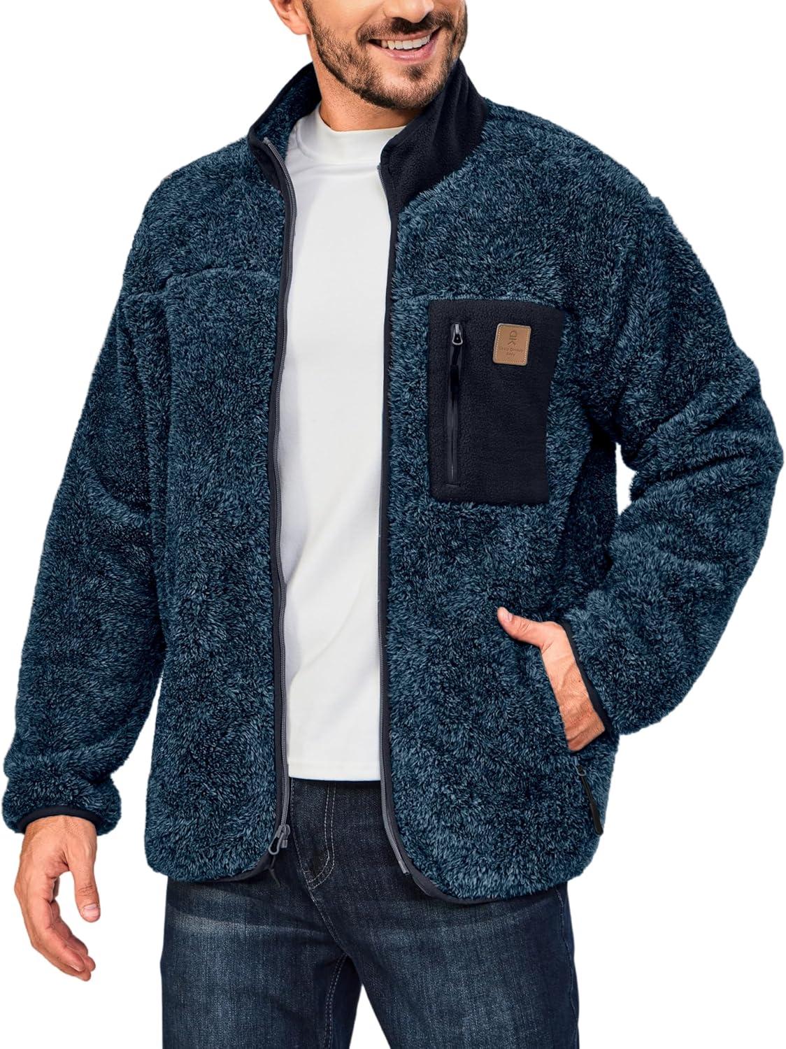 imageLittle Donkey Andy Mens Fuzzy Fleece Jacket Sherpa Jackets Full Zip Up Thermal Coat with 3 Zipper Pockets for Fall WinterDark Blue