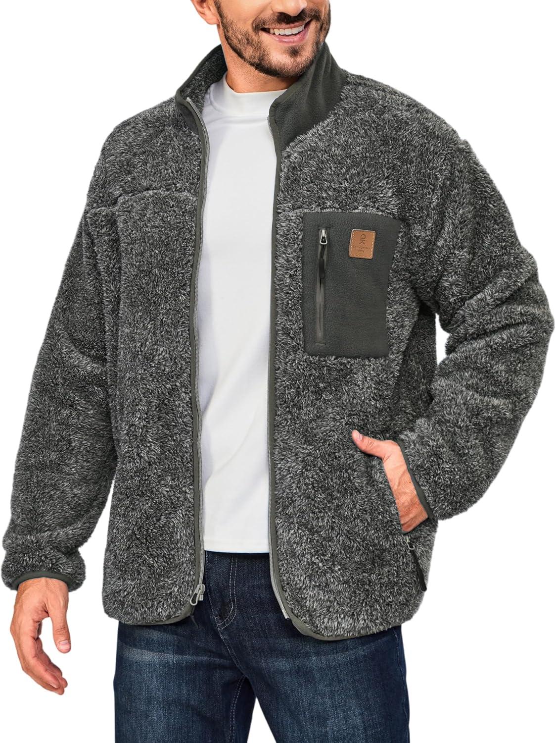 imageLittle Donkey Andy Mens Fuzzy Fleece Jacket Sherpa Jackets Full Zip Up Thermal Coat with 3 Zipper Pockets for Fall WinterHeather Gray