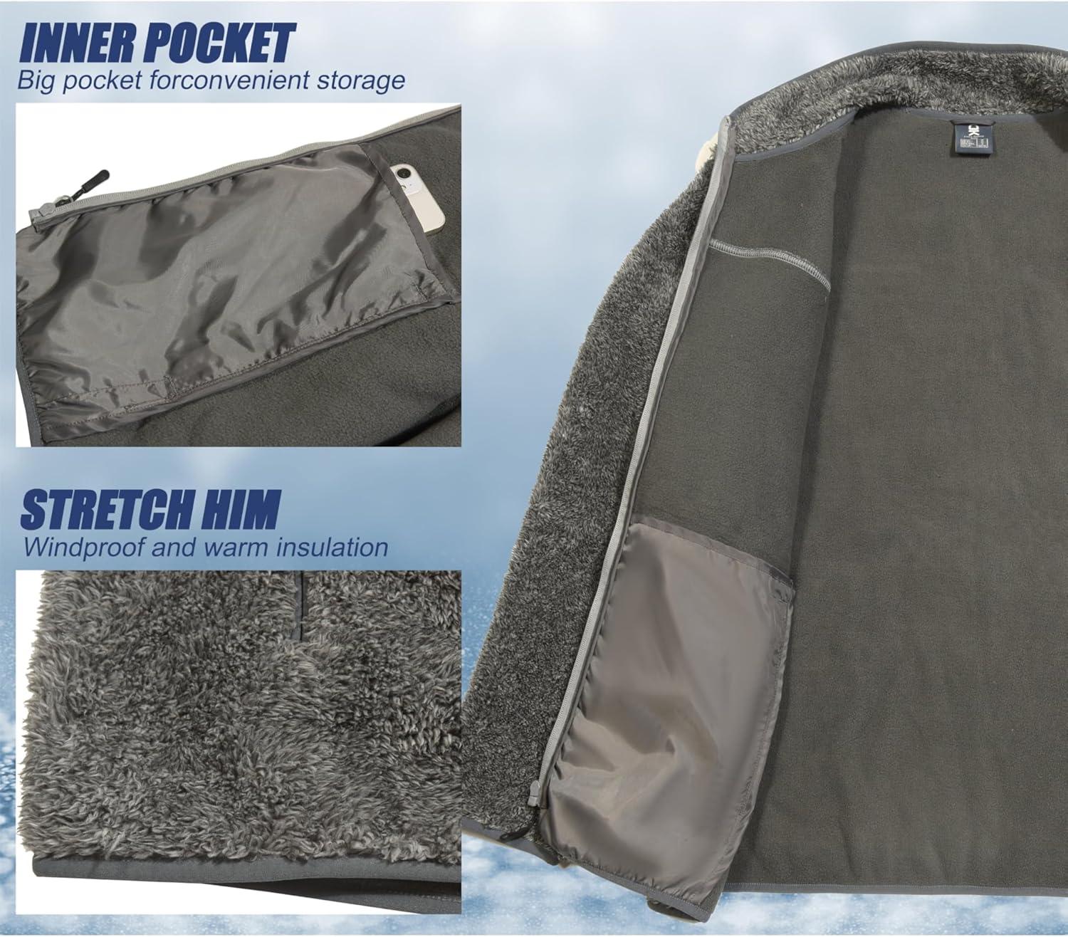 imageLittle Donkey Andy Mens Fuzzy Fleece Jacket Sherpa Jackets Full Zip Up Thermal Coat with 3 Zipper Pockets for Fall WinterHeather Gray