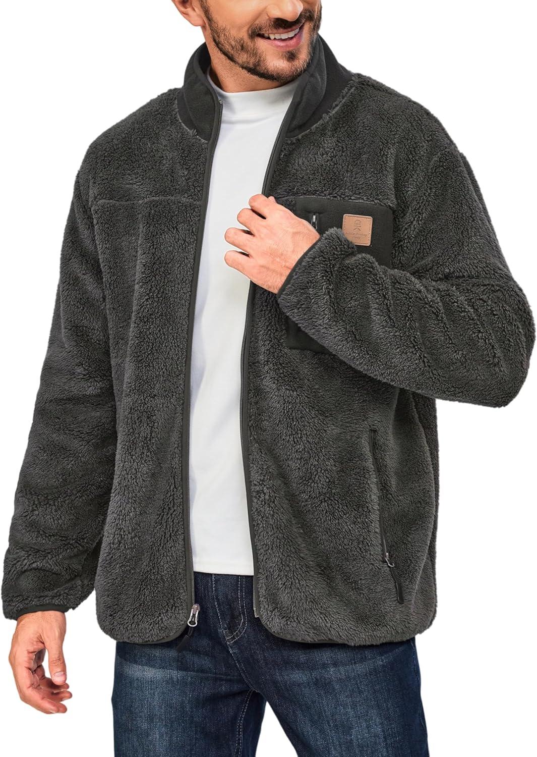 imageLittle Donkey Andy Mens Fuzzy Fleece Jacket Sherpa Jackets Full Zip Up Thermal Coat with 3 Zipper Pockets for Fall WinterPure Gray