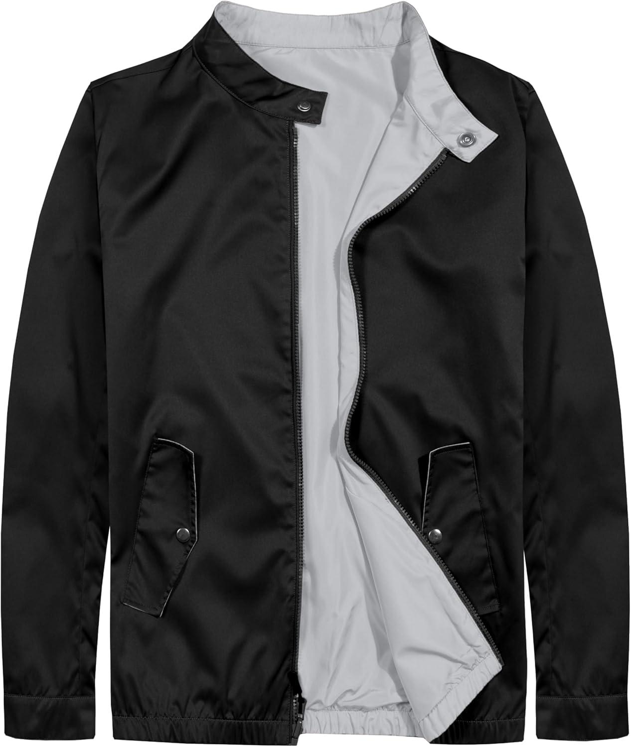 imageLittle Donkey Andy Mens Lightweight Reversible Bomer Jacket Windproof Water Resistant Coat Running GolfA Black B Light Gray
