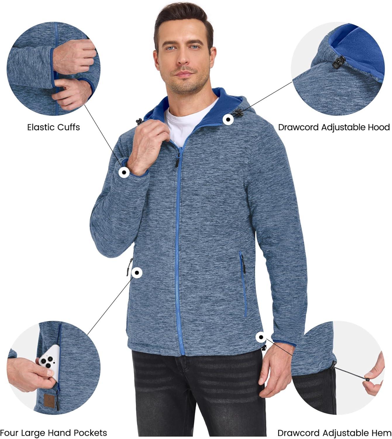 imageLittle Donkey Andy Mens Lightweight Reversible Polar Fleece Jacket Full Zip Hoodie with Pockets Thermal Outdoor CoatBlue HeatherLapis Blue